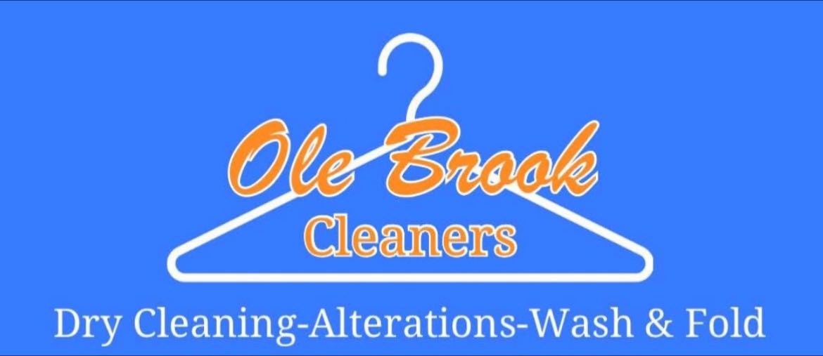 Logo for Ole Brook Cleaners with a hanger graphic and text: "Dry Cleaning- Alterations- Wash & Fold" on a blue background.